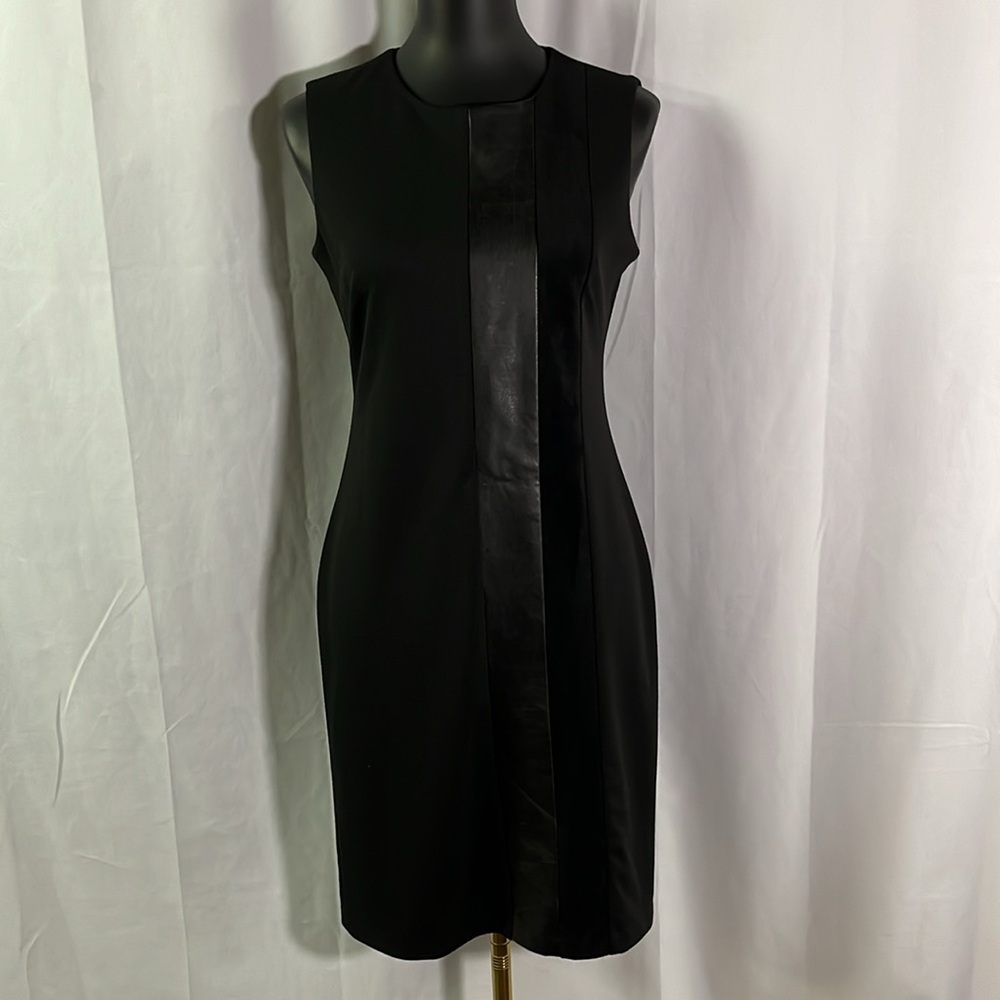 Calvin Klein Black Faux Leather & Suede Stripe Sleeveless Sheath Dress